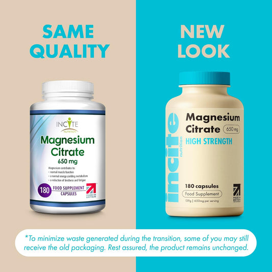 Incite Nutrition Magnesium Citrate 650 Mg. High Strength And Absorption Magnesium Supplement. 180 Capsules, 6 Month Supply. Supports Muscle Function, Energy & Sleep. Suitable For Vegetarians & Vegans