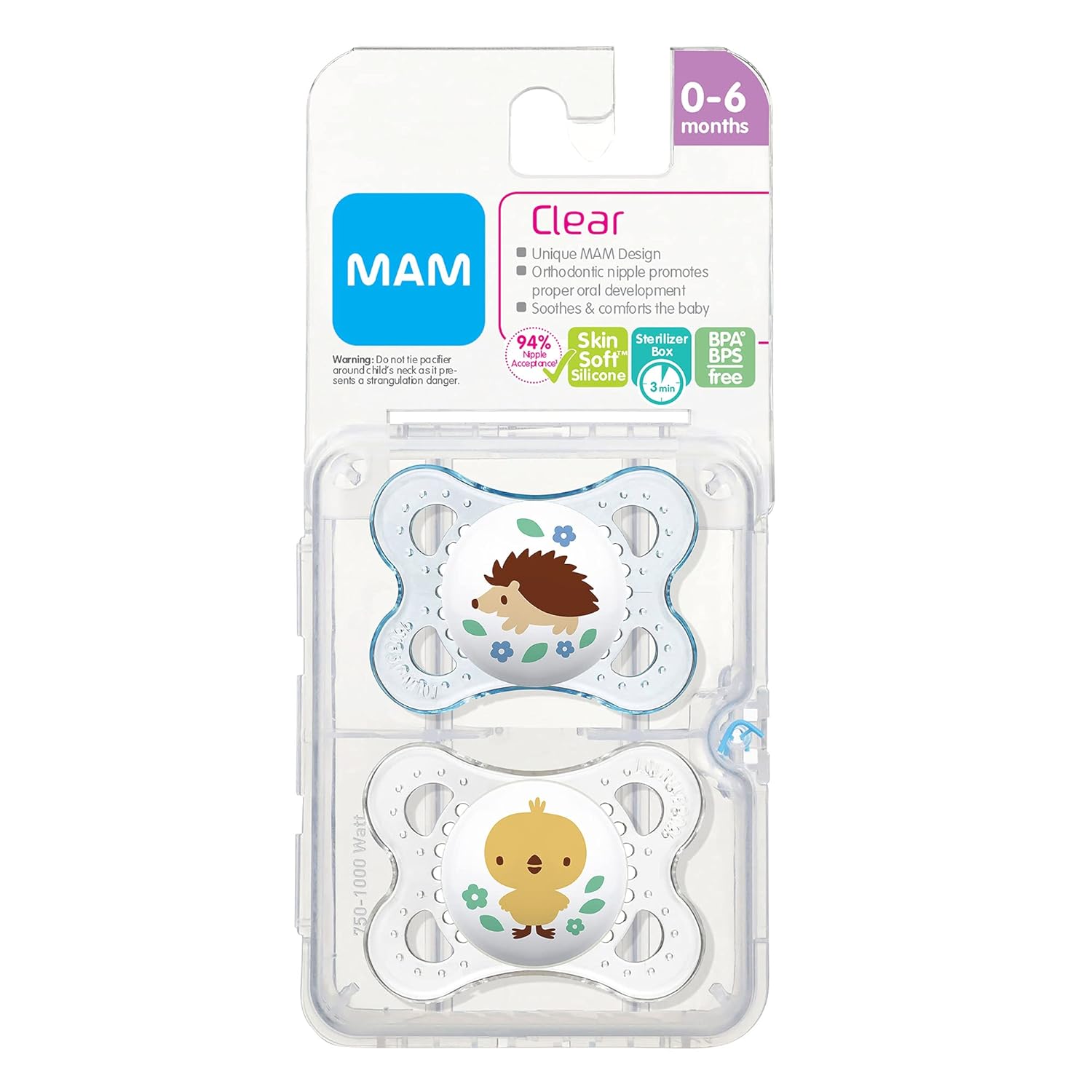 Mam Original Baby Pacifier, Nipple Shape Helps Promote Healthy Oral Development, Sterilizer Case, 2 Pack, 0-6 Months, Animal/Girl