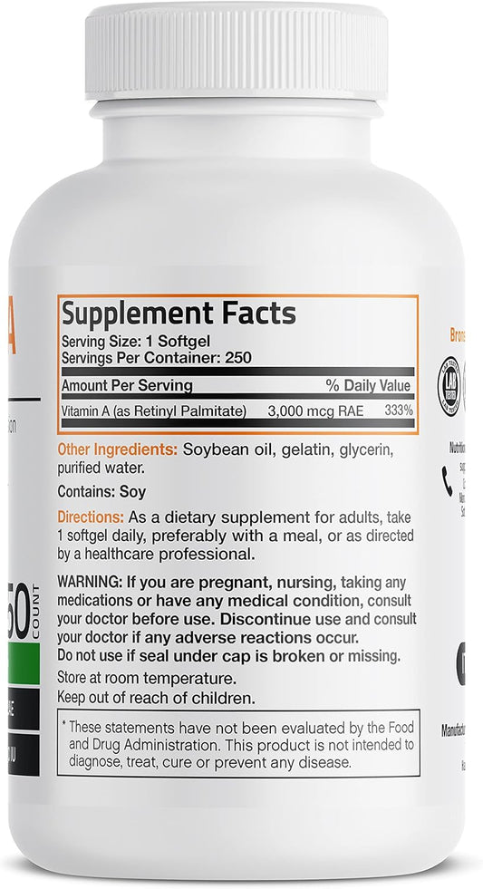 Bronson Vitamin A 10,000 Iu Premium Non-Gmo Formula Supports Healthy Vision & Immune System And Healthy Growth & Reproduction, 250 Softgels