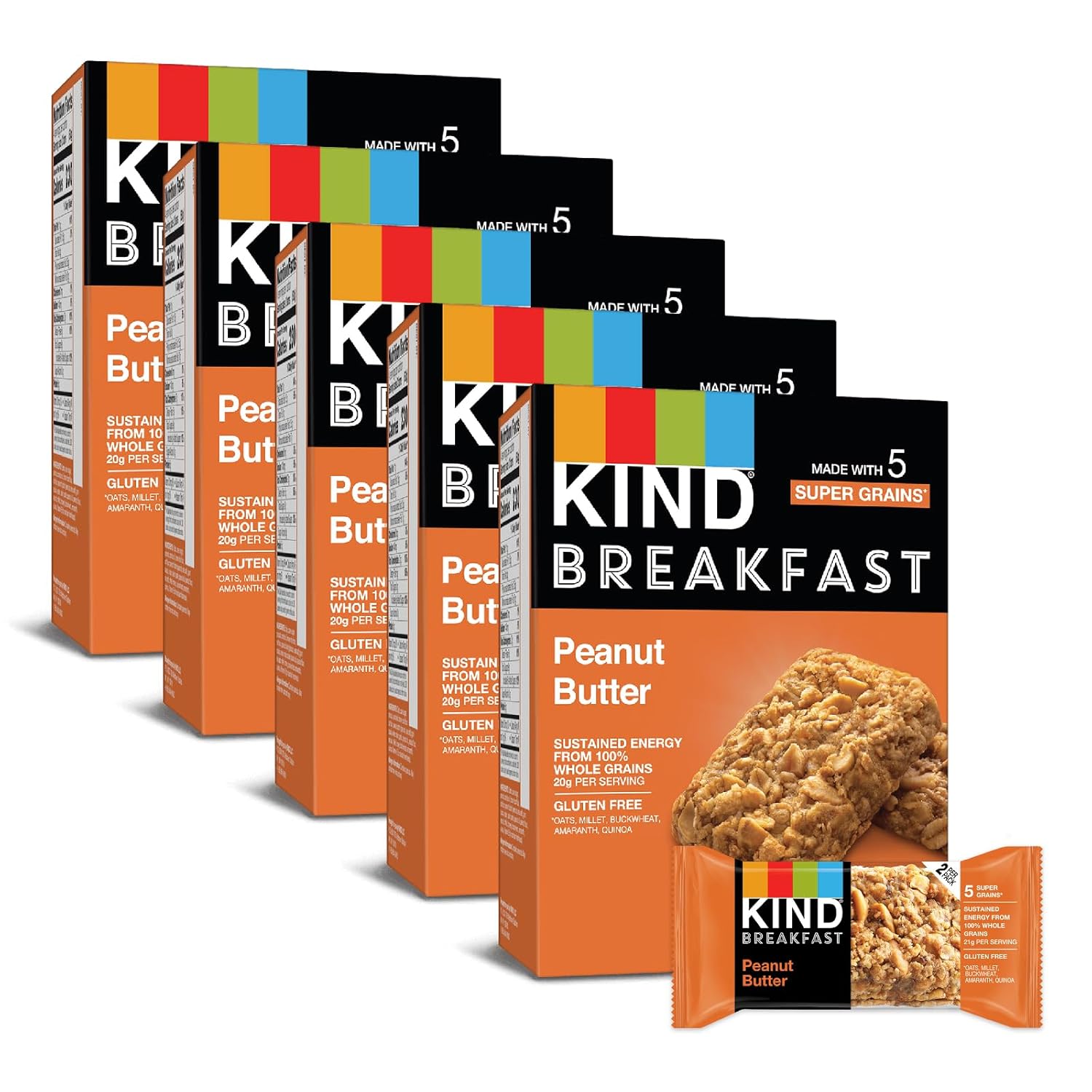 Kind Breakfast, Healthy Snack Bar, Peanut Butter, Gluten Free Breakfast Bars, 100% Whole Grains, 1.76 Oz Packs (30 Count)