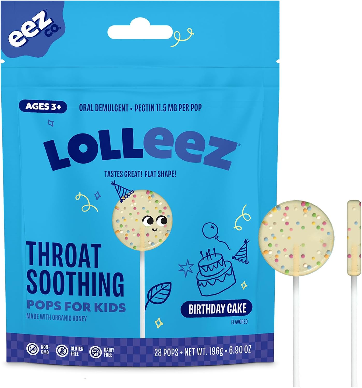 Lolleez Lollipops For Kids Sore Throat Relief, Birthday Cake Perfect For Soothing A Sore Throat While Tasting Great, Birthday Cake, 28 Count