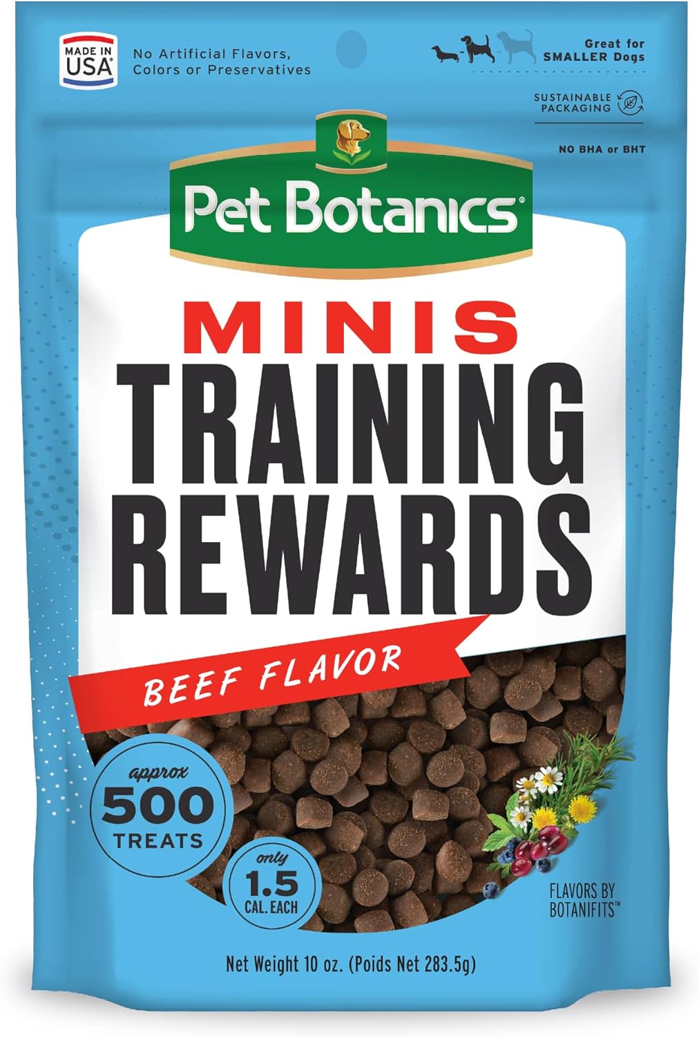 Pet Botanics 10 Oz. Pouch Training Reward Mini Soft & Chewy, Beef Flavor, With 500 Treats Per Bag, The Choice Of Top Trainers