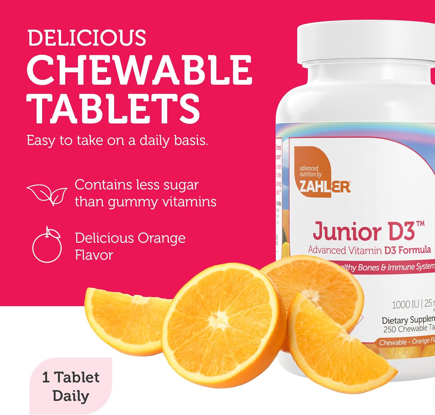 Zahler Junior D3 Vitamins 1000 IU - Chewable Vitamin D3 for Kids - Vitamin D for Kids to Support Bone, Teeth & Immune Health - Kosher Kids Vitamin D3 Orange Flavor - D3 Vitamins for Kids 250 Count. : Health & Household