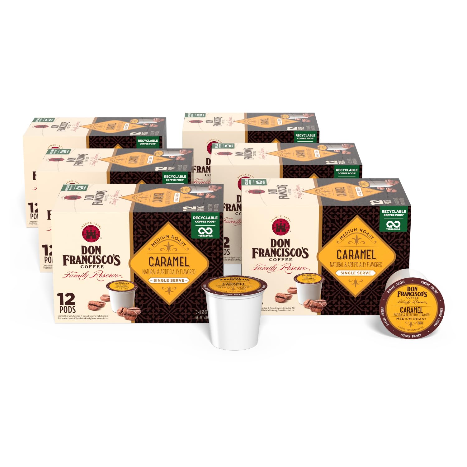 Don Francisco's Caramel Flavored Medium Roast Coffee Pods - 72 Count- Recyclable Single-Serve Coffee Pods, Compatible with your K- Cup Keurig Coffee Maker