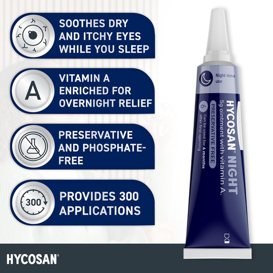 Hycosan Night - Soothing Relief And Protection Against Dry, Tired And Burning Eyes While You Sleep - With Vitamin A And Preservative Free - 300 Applications