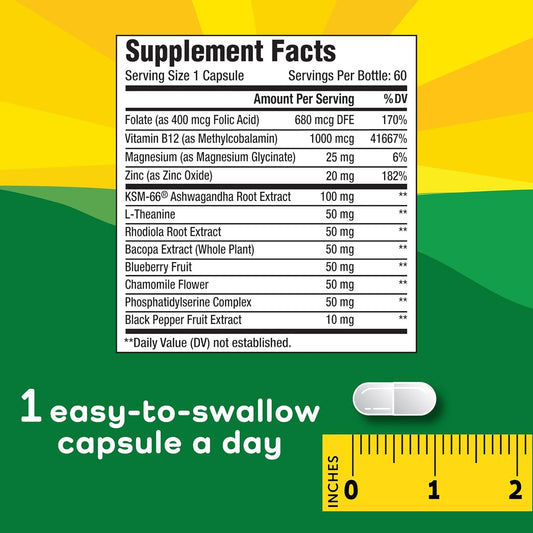 Stress Relief Aid For Seniors - Feel Happy, Calm, Focused And Relaxed - Vegan - L-Theanine, Phosphatidylserine, Ashwagandha - Anti Stress Support Vitamin Dietary Supplement - 60 Capsules