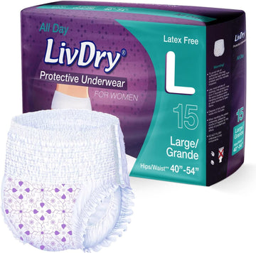 Livdry L Adult Diapers For Women, Ultimate Absorbency Incontinence Underwear, All Day Or Overnight Protection, Large (15 Count)