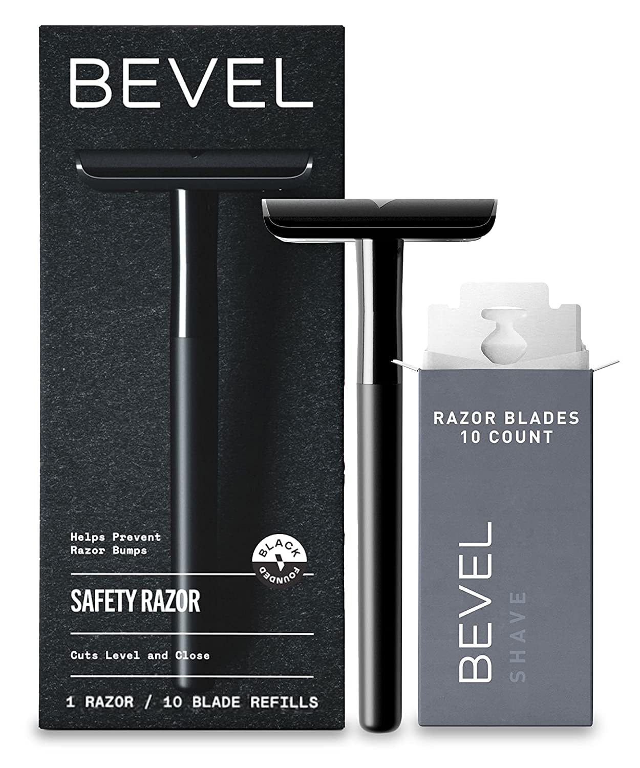 Bevel Safety Razor with Brass Weighted Handle and 10 Double Edge Safety Razor Blade Refills, Single Blade Razor for Men, Designed for Coarse Hair to Prevent Razor Bumps, Black