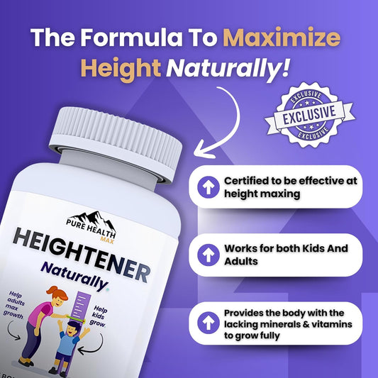 Heightener - Natural Height Growth Supplement For Kids, Teens And Adults To Increase Bone Strength And Grow Taller | Height Maximizer Pills With L-Arginine, Calcium & Zinc | 60 Capsules