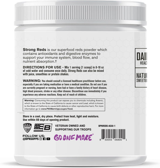 Bare Performance Nutrition, Bpn Strong Reds Superfood Powder, Digestive Enzymes, Antioxidants, Improved Natural Energy, 30 Servings, Acai