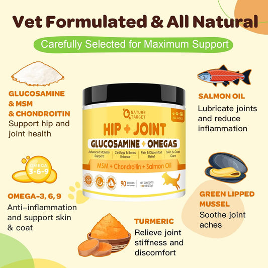 Glucosamine For Dogs, Joint Supplement For Dogs, Msm, Chondroitin, Turmeric For Hip And Joint Mobility, Joint Pain Relief, With Salmon Oil For Dogs, Omega 3 For Skin And Coat Health, 9.52 Oz Powder