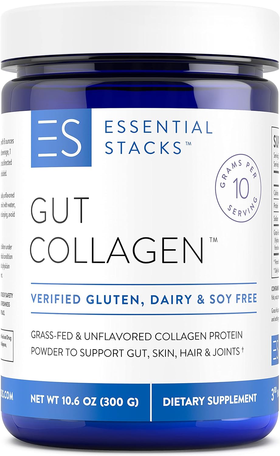 Essential Stacks Collagen Peptides Powder (from Grass Fed American Cattle) - Gluten, Dairy & Soy Free - Unflavored Hydrolyzed Collagen Supplement (10.6 oz)