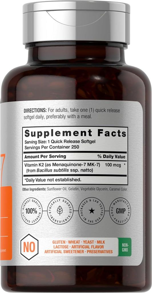 Horbach Vitamin K2 MK7 100mcg | 250 Softgels | Non-GMO, Gluten Free Supplement