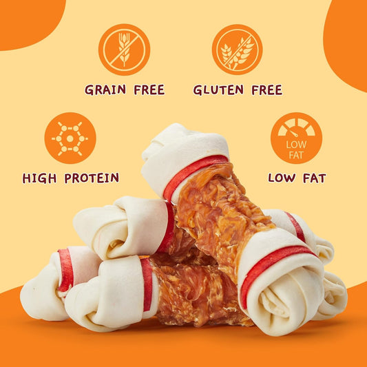 Jungle Calling Chicken Wrap Knotted Bones Dog Chews, Long Lasting Beefhide Treats Real Rawhide Bones For Large Dogs Training Treats