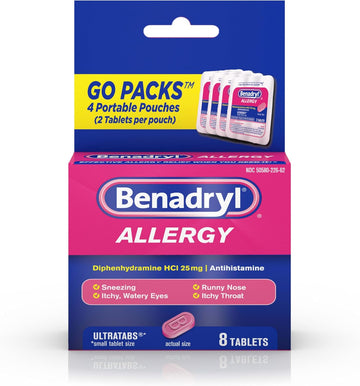 Benadryl Ultratabs Go Packs Antihistamine Allergy Relief Medicine, 25 Mg Diphenhydramine Hcl Tablets For Relief Of Cold & Allergy Symptoms, Travel & On-The-Go Size, 4 Packets Of 2 Tablets