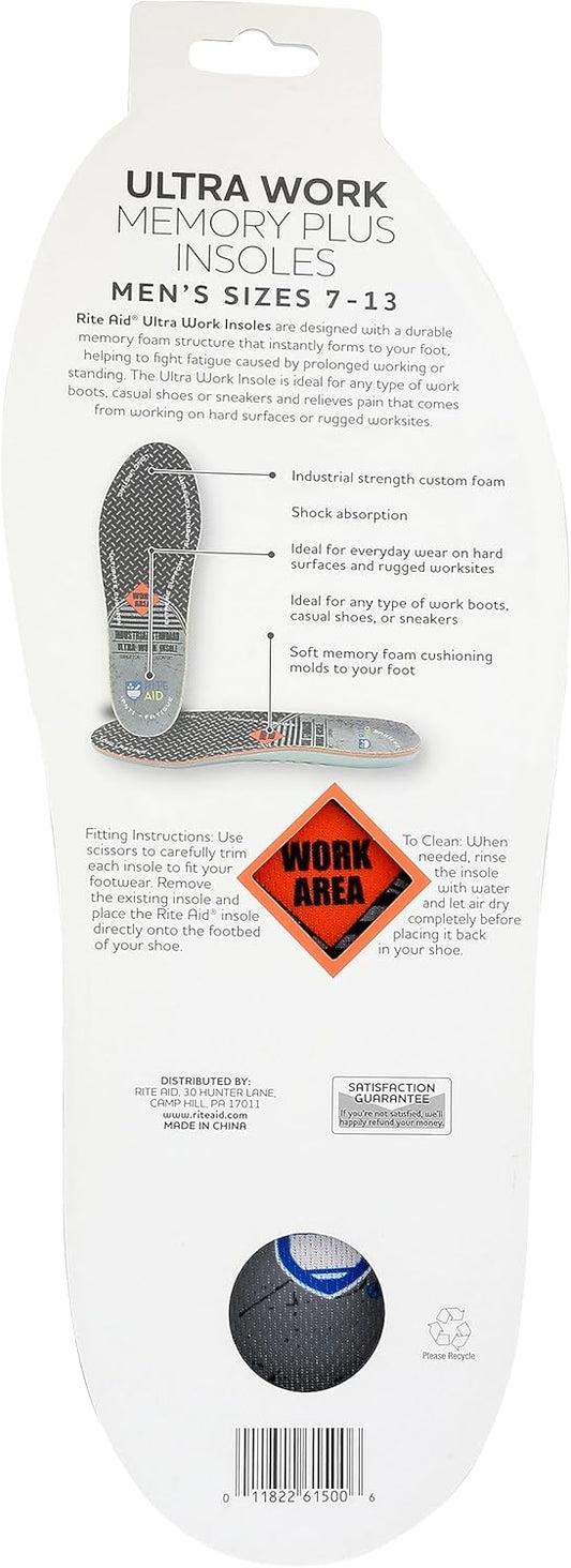 Rite Aid Ultra Work Memory Plus Insoles For Men - Sizes 7-13 | Memory Foam| Shock Absorbing Arch Support Boot Insole