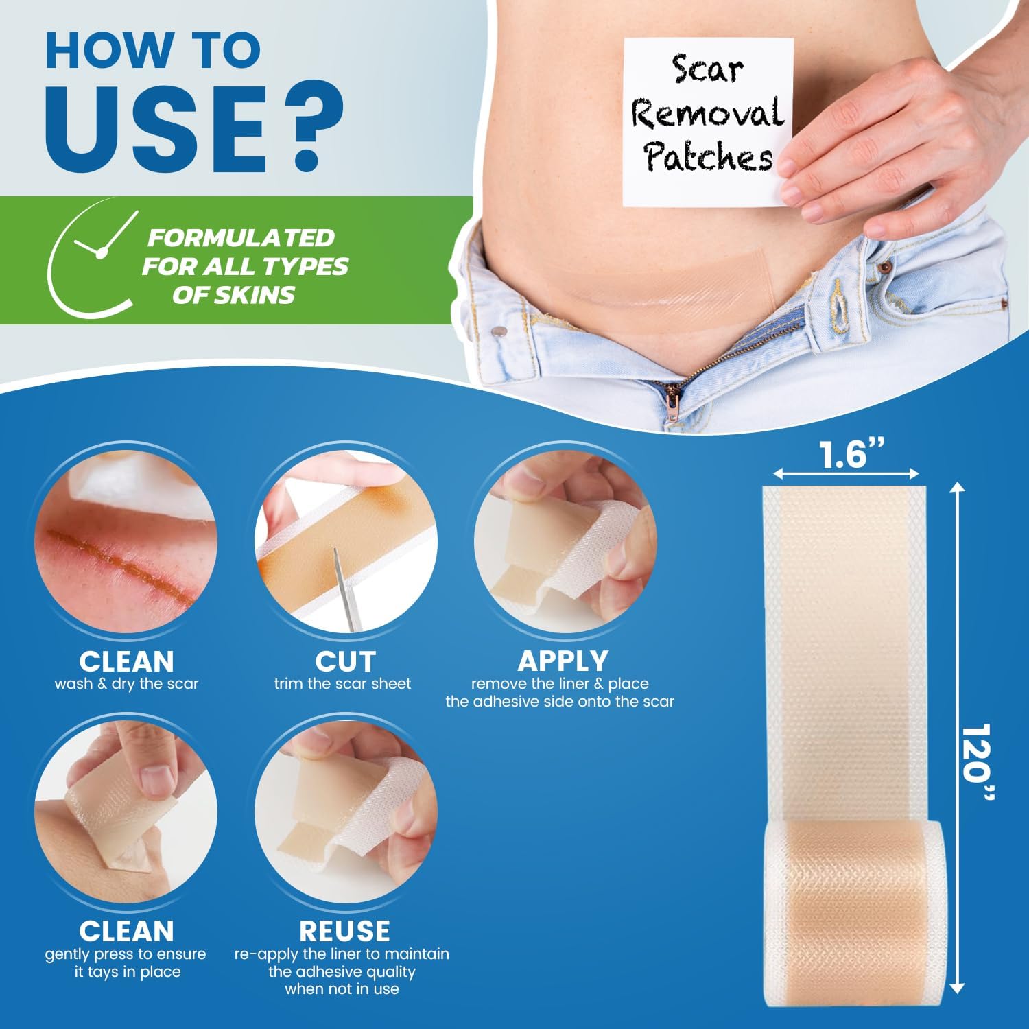 Silicone Scar Sheets,Silicone Scar Tape, (1.6” X 60” Roll, 1.5M) Scar Removal Strips For Surgical Scars,Keloids, C-Section, & Burns Tummy Tuck– Reusable Tape : Health & Household