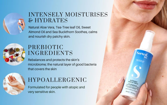 Sorted Skin Intensive Rescue Trio Bundle for Dry, Dehydrated and Sensitive Skin to Help Soothe, Nourish and Reduce Itchiness includes Spray 1 x 100ml, Face Lotion 1 x 50ml and Moisturiser 1 x 100ml
