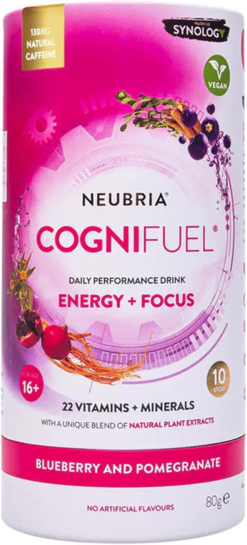 Neubria Cognifuel | 10 Hydration Sachets, Gym & Workout Energy Drink With Electrolytes, Caffeine, L-Theanine, Choline, L-Tyrosine & Vitamins, Improves Cognition, Focus, Blueberry & Pomegranate