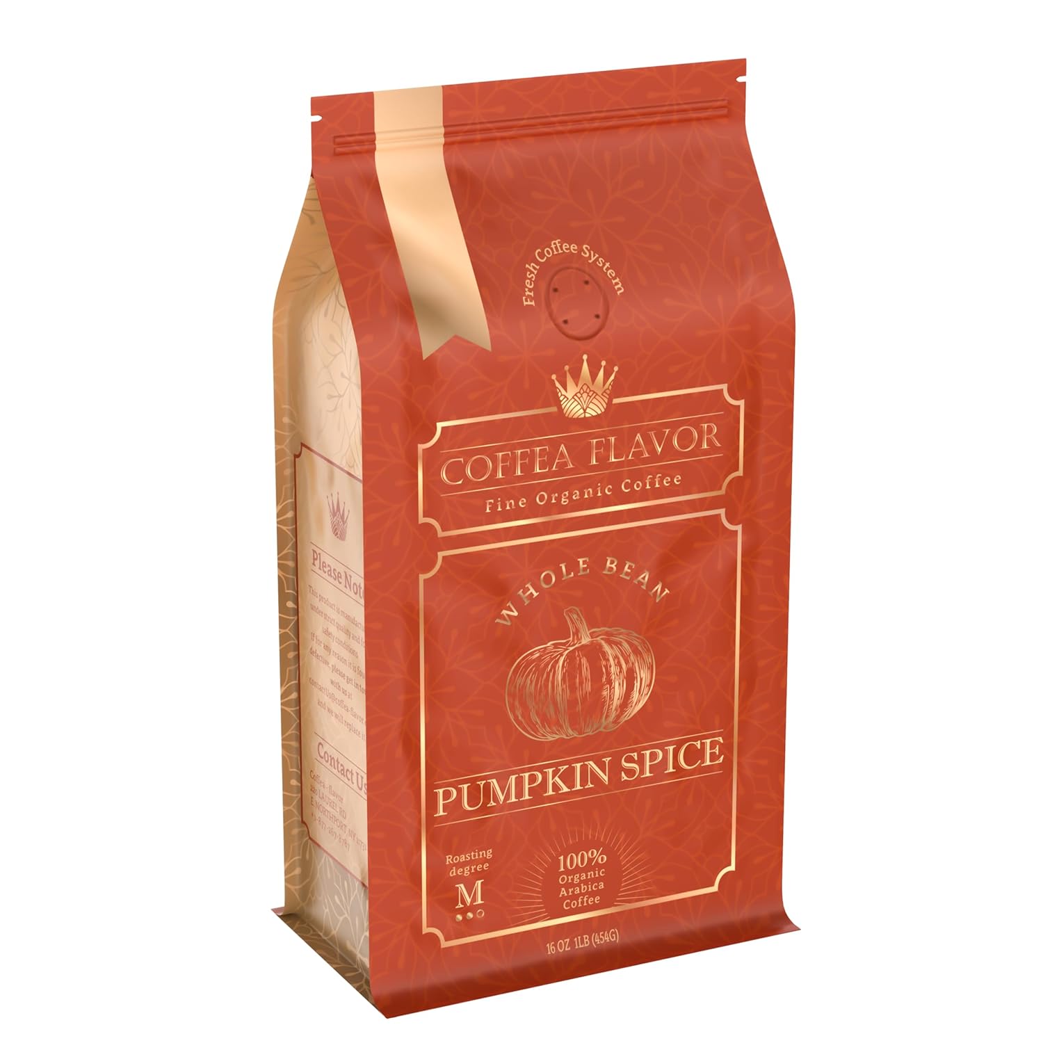 Coffea Flavor Pumpkin Spice Whole Bean Coffee - Organic Medium Roast 100% Arabica, Gourmet, Freshly Roasted, Fair Trade, Usda Organic, 16 Oz