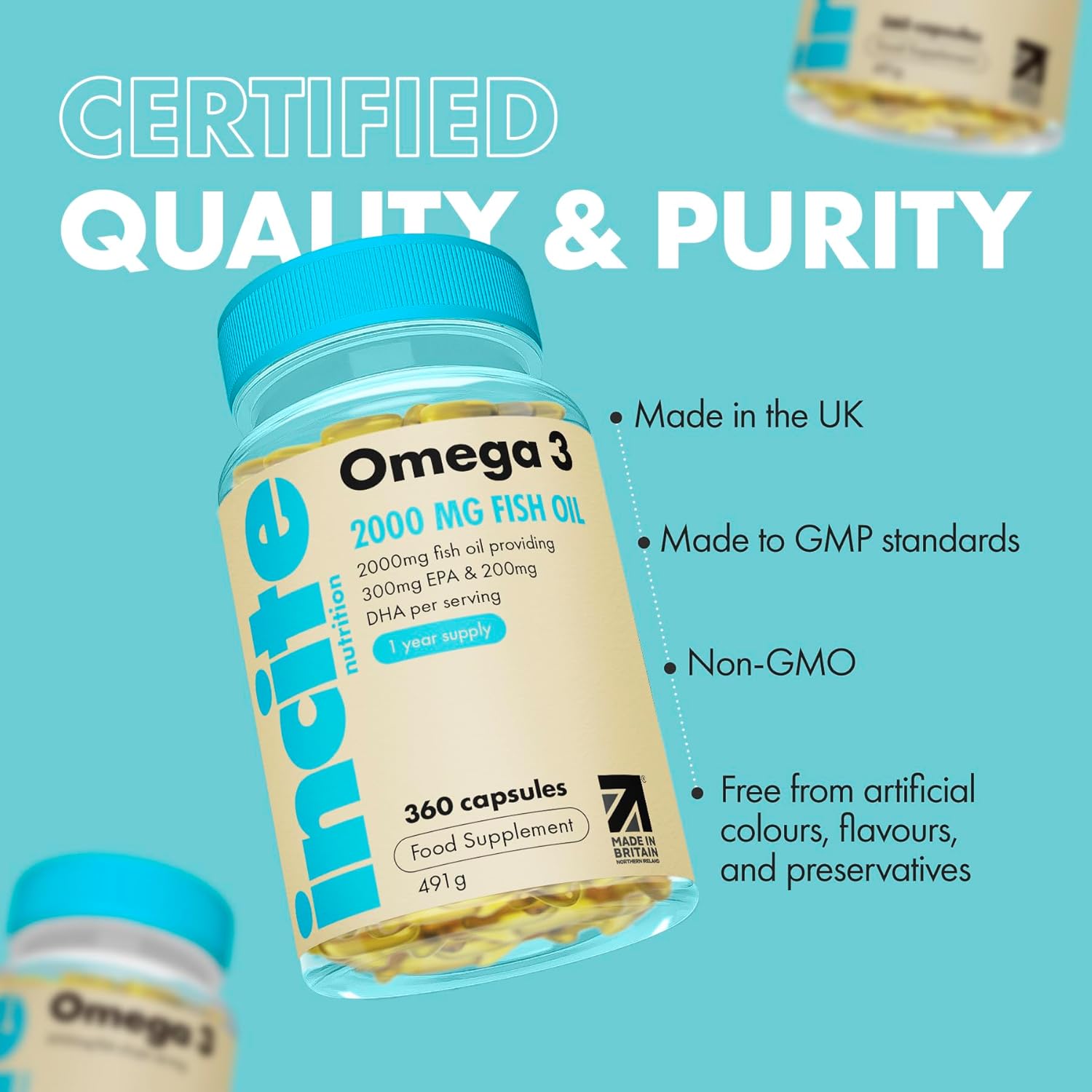 Incite Nutrition Omega 3 Fish Oil Capsules 2000 mg. 360 Softgels. 6 Month Supply of High Strength Omega 3 Fatty Acids with EPA & DHA. Non-GMO, UK Made, No Fishy Aftertaste : Amazon.co.uk: Health & Personal Care