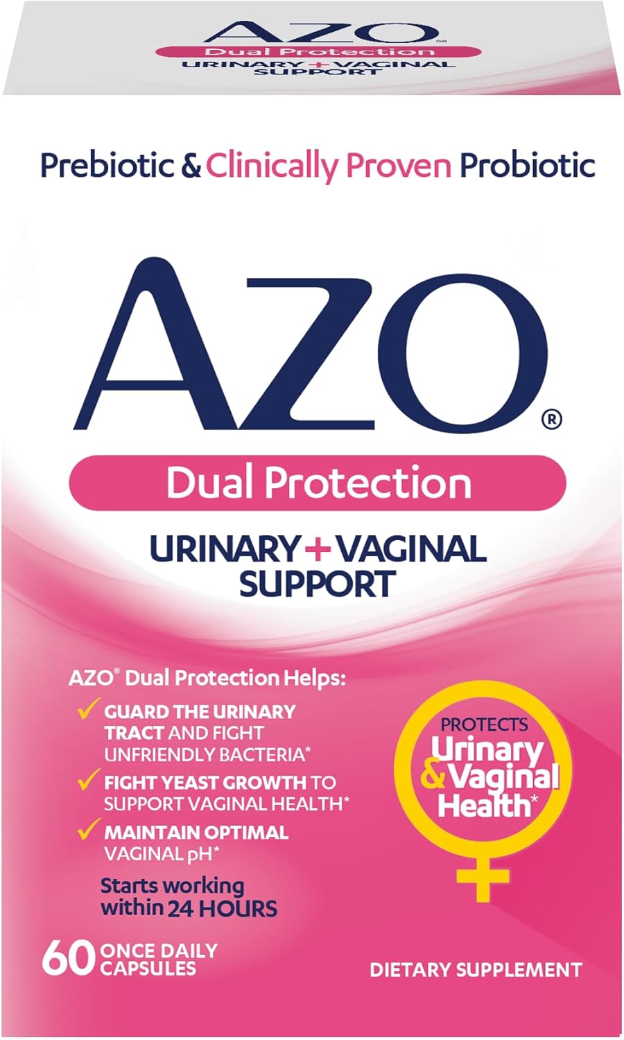 Azo Dual Protection | Urinary + Vaginal Support* | Prebiotic Plus Clinically Proven Women’S Probiotic | Starts Working Within 24 Hours | Non-Gmo | 60 Count