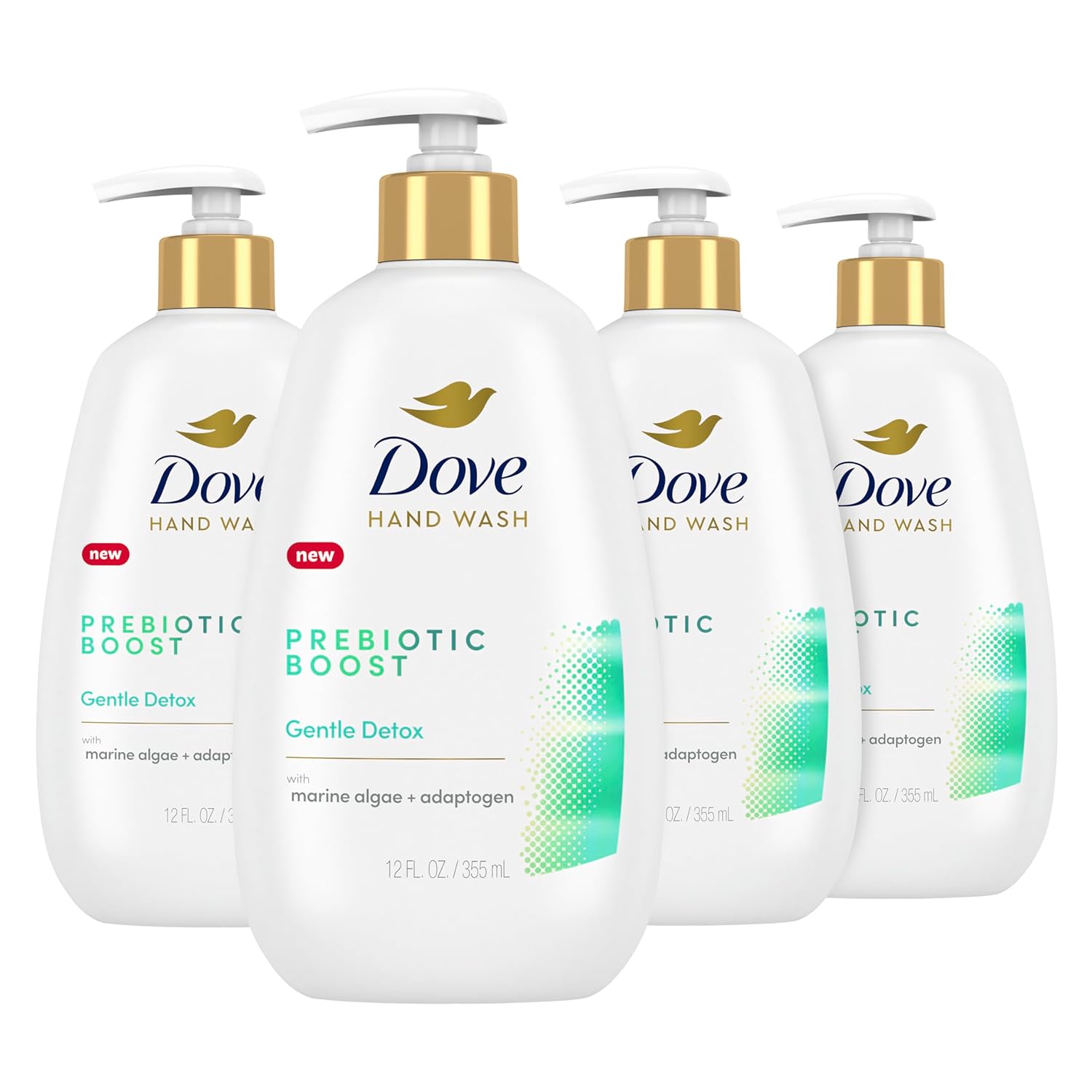 Dove Prebiotic Boost Hand Wash Gentle Detox 4 Count For Lasting Softness, With Marine Algae & Adaptogen, 12 Oz