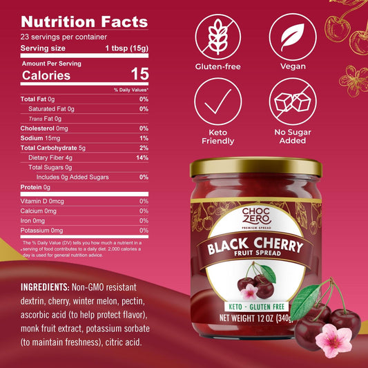 Choczero Keto Black Cherry Jam - No Sugar Added, Low Carb, Keto Friendly, Fruit Spread Alternative, Gluten Free, Naturally Sweetened With Monk Fruit (1 Jar, 12 Oz)