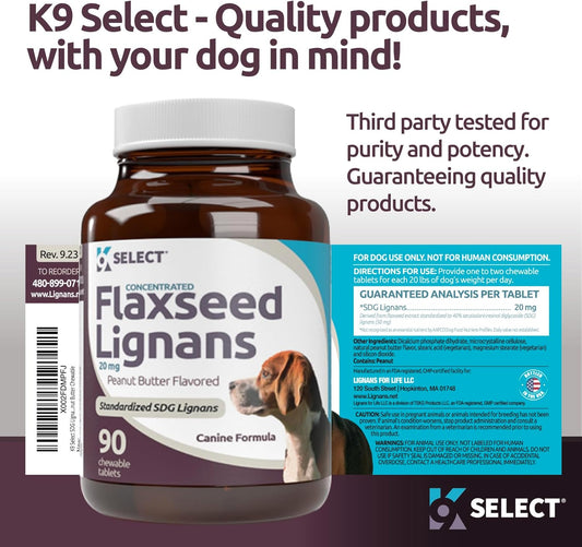 K9 Select Concentrated Flaxseed Lignans For Dogs, 20Mg 90 Tablets, Flax Seed Natural Tablets, Peanut Butter Flavored Chewable Tablets, Natural Flaxseed Lignans For Dogs, Flax Impove Dog'S Coat