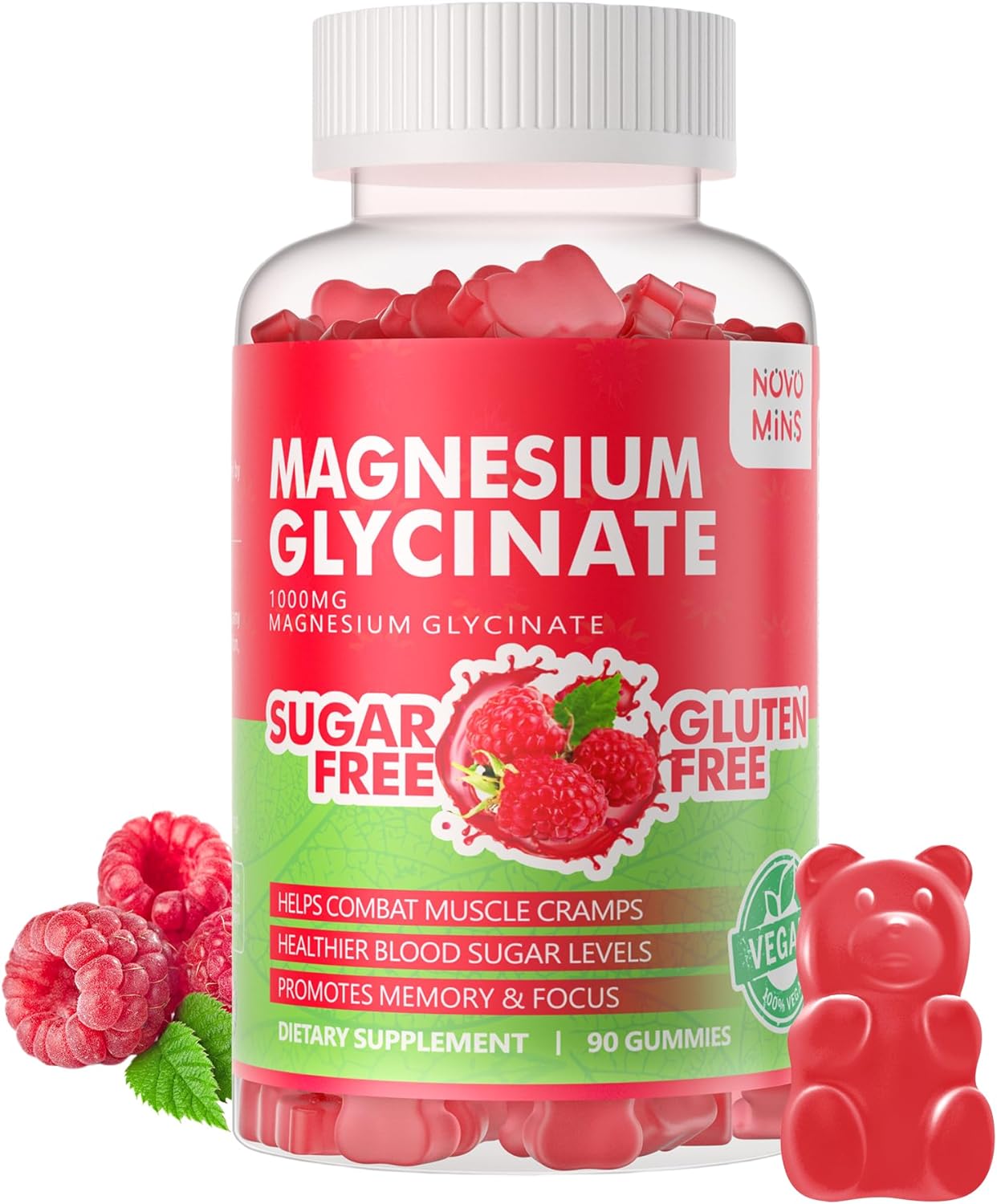 90 Ct Magnesium Glycinate Gummies 1000Mg - Sugar Free Magnesium Potassium Supplement With Vitamin D, B6, Coq10 For Calm Mood & Sleep Support - 90 Raspberry Gummies