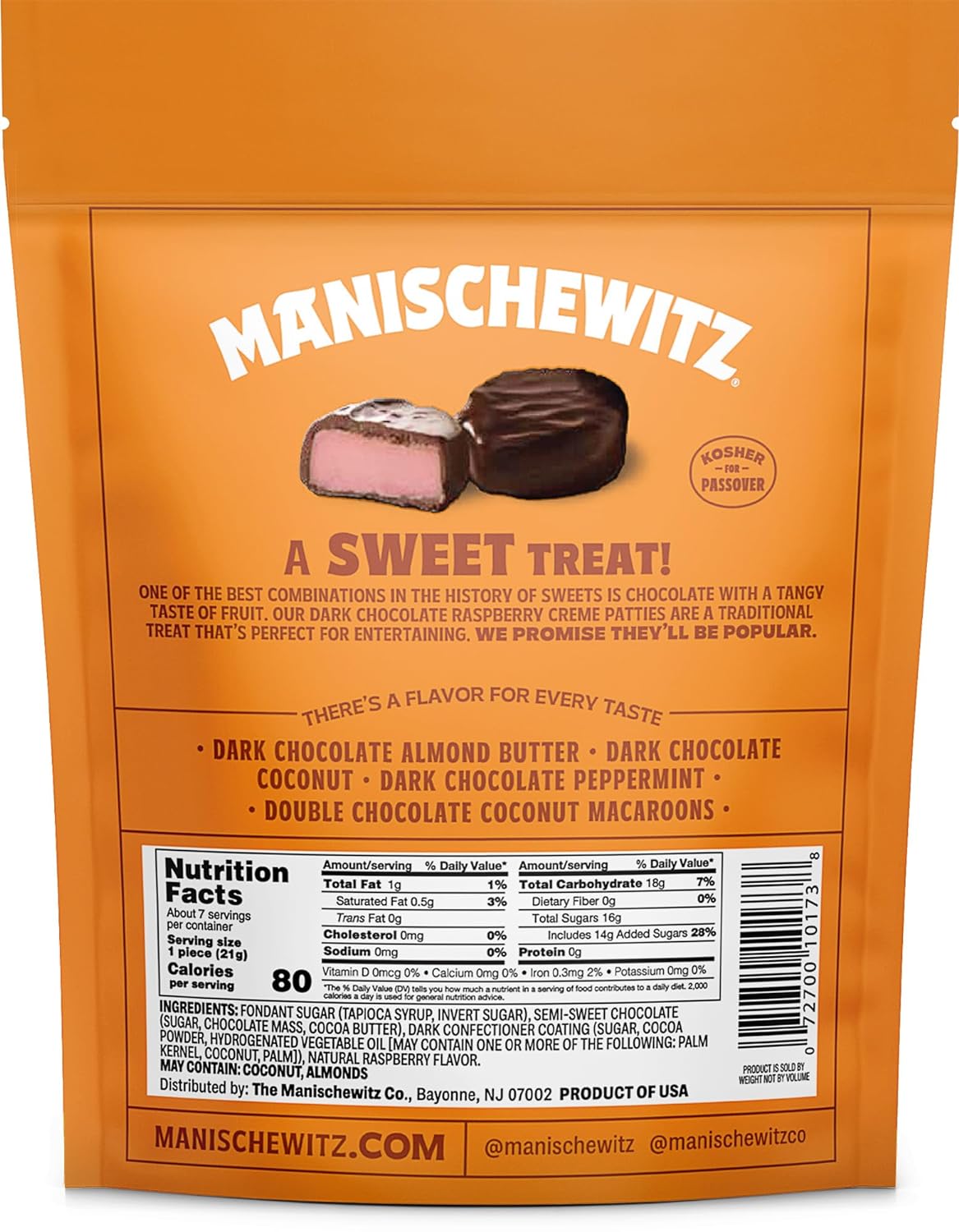Manischewitz Dark Chocolate Raspberry Creme Patties 5.25oz, Resealable Bag | Gluten Free | Dairy Free | Kosher (including Passover) : Grocery & Gourmet Food