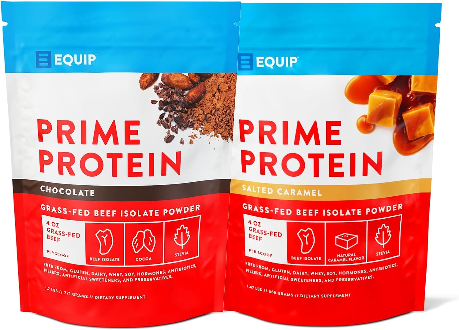 Equip Foods Prime Protein Powder - Chocolate & Salted Caramel - Grass Fed Beef Protein Powder Isolate - Keto And Paleo Friendly, Gluten Free Carnivore Protein Powder - Helps Build And Repair Tissue