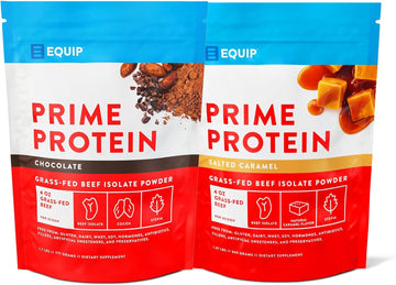 Equip Foods Prime Protein Powder - Chocolate & Salted Caramel - Grass Fed Beef Protein Powder Isolate - Keto And Paleo Friendly, Gluten Free Carnivore Protein Powder - Helps Build And Repair Tissue