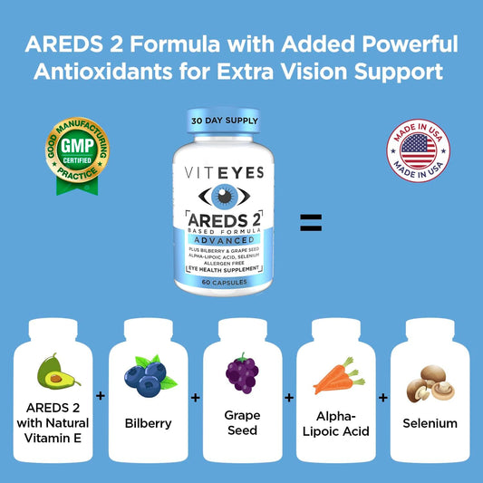 Viteyes AREDS 2 Advanced Macular Support with Bilberry, grapeseed, FLORAGLO Lutein, Selenium, Natural Vitamin E, Allergen Free, Eye Vitamins for Vision Protection, 60 Count