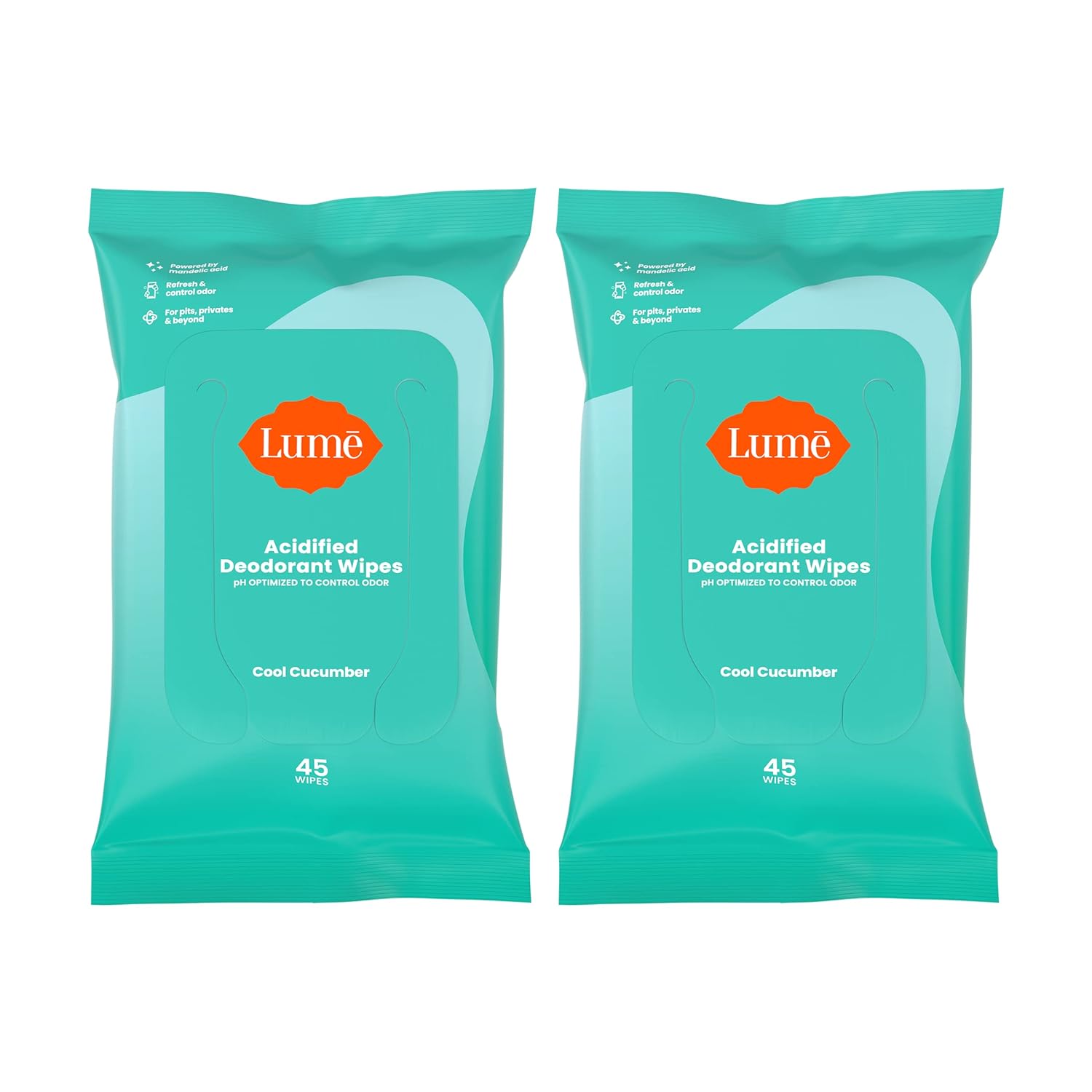 Lume Acidified Deodorant Wipes - 24 Hour Odor Control - Aluminum Free, Baking Soda Free, Skin Loving - 45 Count (Pack Of 2) (Cool Cucumber)