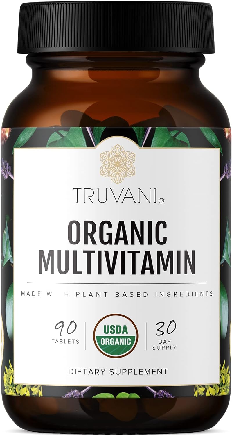 Truvani Daily Organic Multivitamin Supplement - Vegan, Non Gmo Tablets With Iron & Biotin - Dairy, Soy, & Gluten Free - 30 Day Supply (90 Tablets)