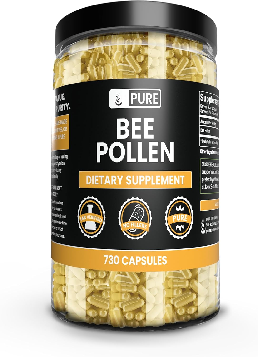 Pure Original Ingredients Bee Pollen, No Magnesium Or Rice Fillers, Always Pure, Lab Verified (730 Capsules)
