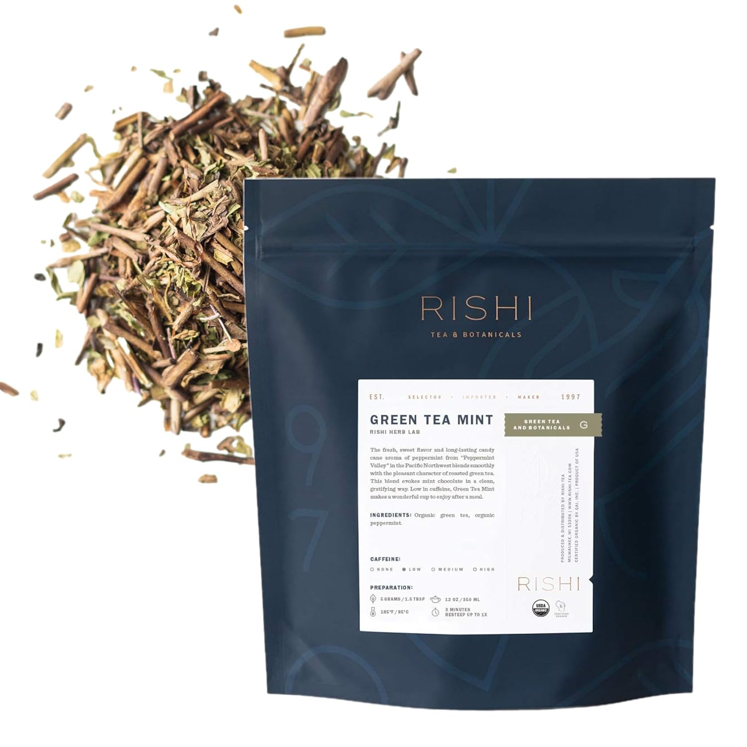 Rishi Tea Green Tea Mint - Organic, Low Caffeine Loose Leaf Tea With Houjicha Roasted Japanese Green Tea & Peppermint Tea - 16 Ounces, 90+ Servings