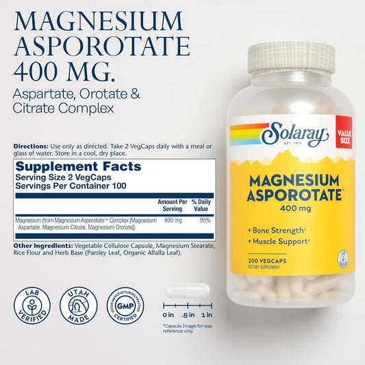 Solaray Magnesium Asporotate 400 Mg, Chelated Magnesium Supplement For Bone Health, Muscle & Nerve Function Support