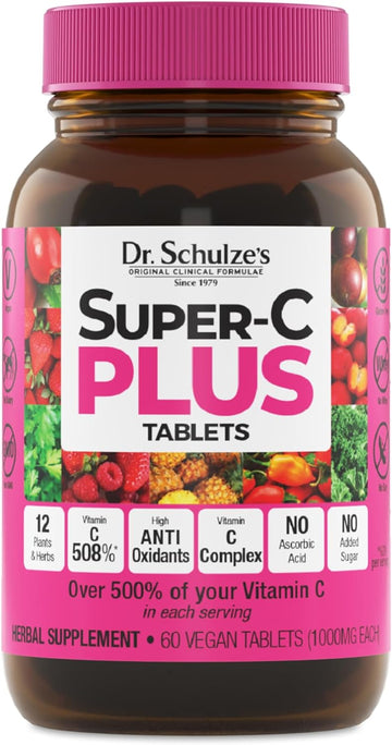 Dr. Schulze's | Super-C Plus | Vitamin C Complex | Clinical Herbal Formula | Dietary Supplement | Immunity Support | Increase Collagen Formation & Iron Absorption | 60 Chewable Tablets (1000 mg)