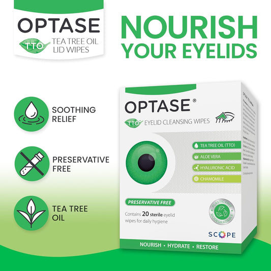 Optase Tto Eyelid Cleansing Wipes, Box Of 20 - Individually Wrapped Eyelid Wipes With Tea Tree Oil - Eyelid Cleanser & Eye Makeup Remover Wipes - Eye Wipes For Dry Eyes, Stye, Blepharitis Treatment