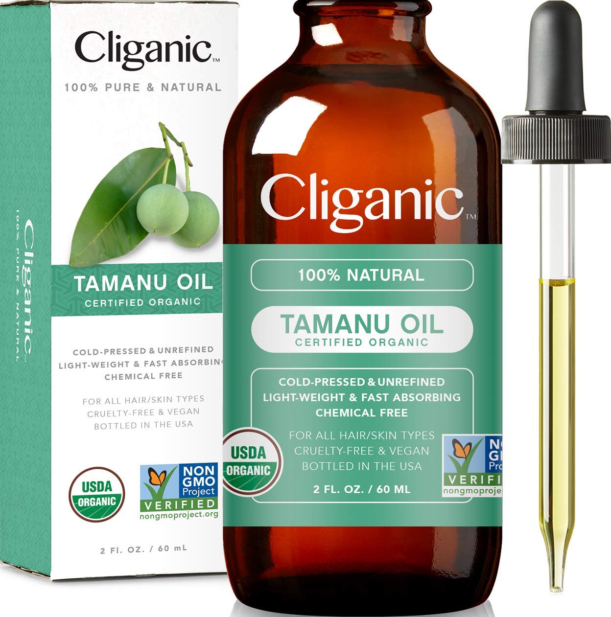 Cliganic Usda Organic Tamanu Oil, 100% Pure - For Face, Hair & Skin | Natural Cold Pressed Unrefined Hexane-Free