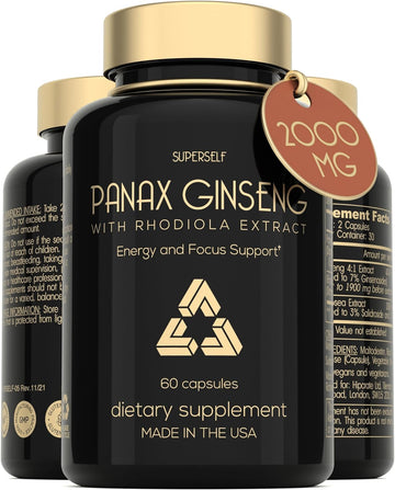 Panax Ginseng and Rhodiola Rosea 2000mg - Korean Ginseng High Strength 60 Capsules - Herbal Supplement for Men & Women - Energy Complex with Ginseng Root Extract Standardized 7% Ginsenosides - US Made