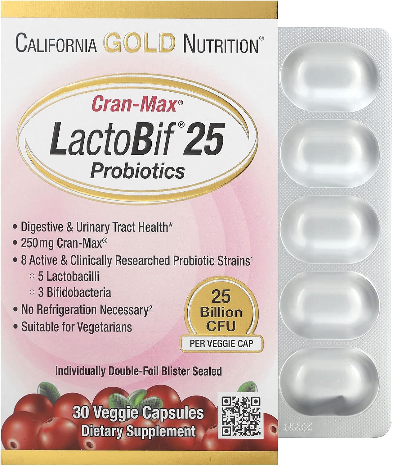 Lactobif Probiotics, Cran-Max, 25 Billion Cfu, Cranberry Concentrate With Bio-Shield 8 Active & Clinically Researched Probiotic Strains, Individually Double-Foil Blister Sealed, 30 Veggie Capsules