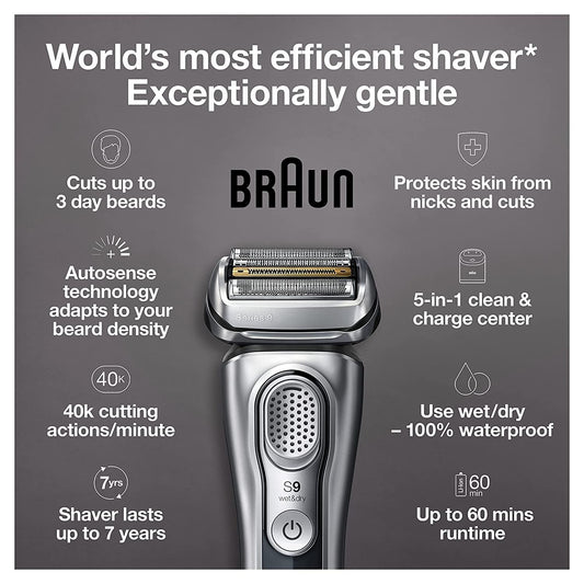 Braun Electric Razor For Men, Waterproof Foil Shaver, Series 9 9390Cc, Wet & Dry Shave, With Pop-Up Beard Trimmer For Grooming, Cleaning & Charging Smartcare Center And Leather Travel Case, Silver