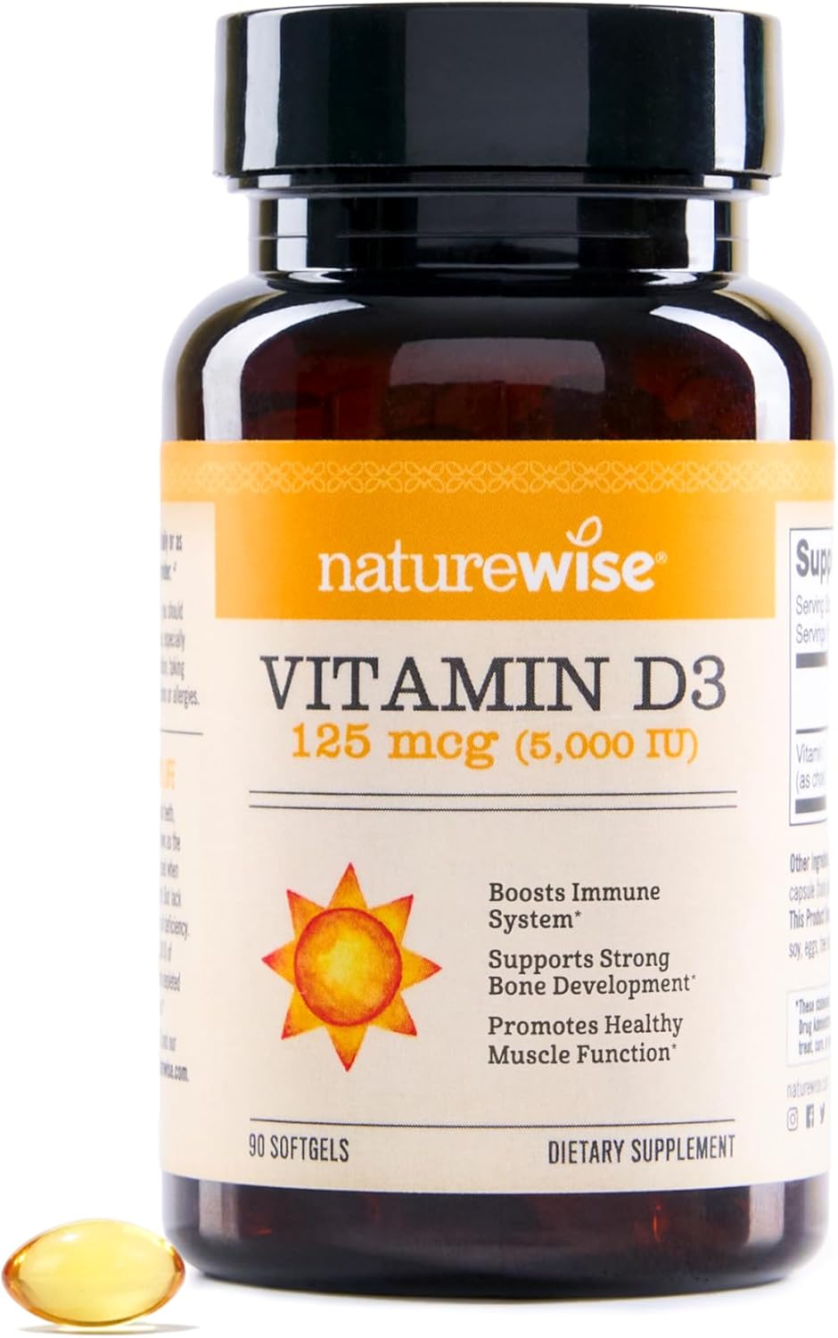 Naturewise Vitamin D3 5000Iu (125 Mcg) 90-Day Supply For Immune Support, Healthy Muscle Function, And Bone Health - Non-Gmo, Gluten-Free In Organic Extra Virgin Olive Oil, (Mini Softgel), 90 Count