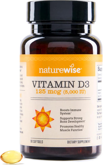 Naturewise Vitamin D3 5000Iu (125 Mcg) 90-Day Supply For Immune Support, Healthy Muscle Function, And Bone Health - Non-Gmo, Gluten-Free In Organic Extra Virgin Olive Oil, (Mini Softgel), 90 Count