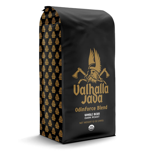 Death Wish Coffee Co. Valhalla Java Odinforce Blend - Whole Bean Dark Roast - Extra Kick Of Caffeine - Arabica & Robusta Coffee Beans - Dark Roast Coffee Beans 12 Ounce (Pack Of 1)