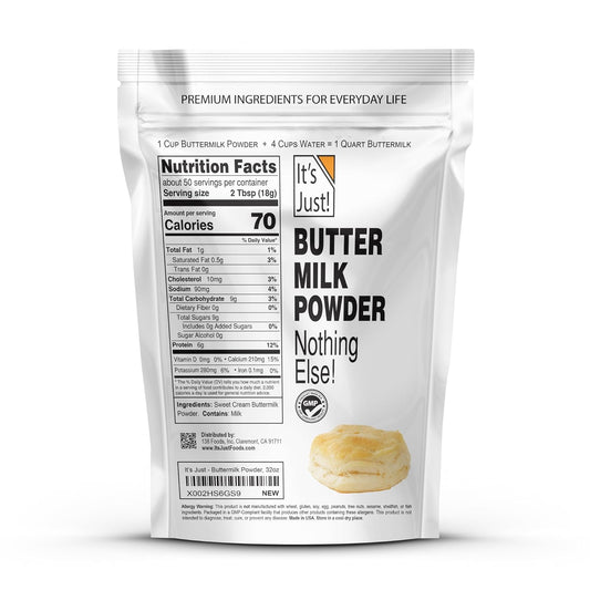 It'S Just - Powdered Buttermilk, 32Oz, Rbst/Rbgh Hormone Free, Shelf Stable, Evaporated Milk, Just Add Water, Perfect For Baking, Pancakes, Makes Over 1.5 Gallon Milk
