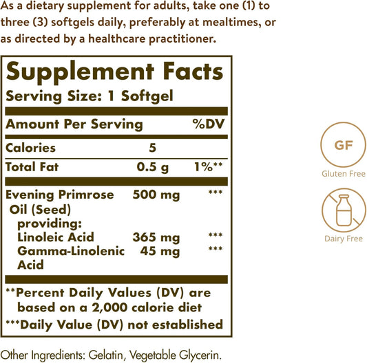 Solgar Evening Primrose Oil 500 Mg, 180 Softgels - Promotes Healthy Skin & Cardiovascular Health - Nutritional Support For Women - Gluten Free, Dairy Free - 180 Servings